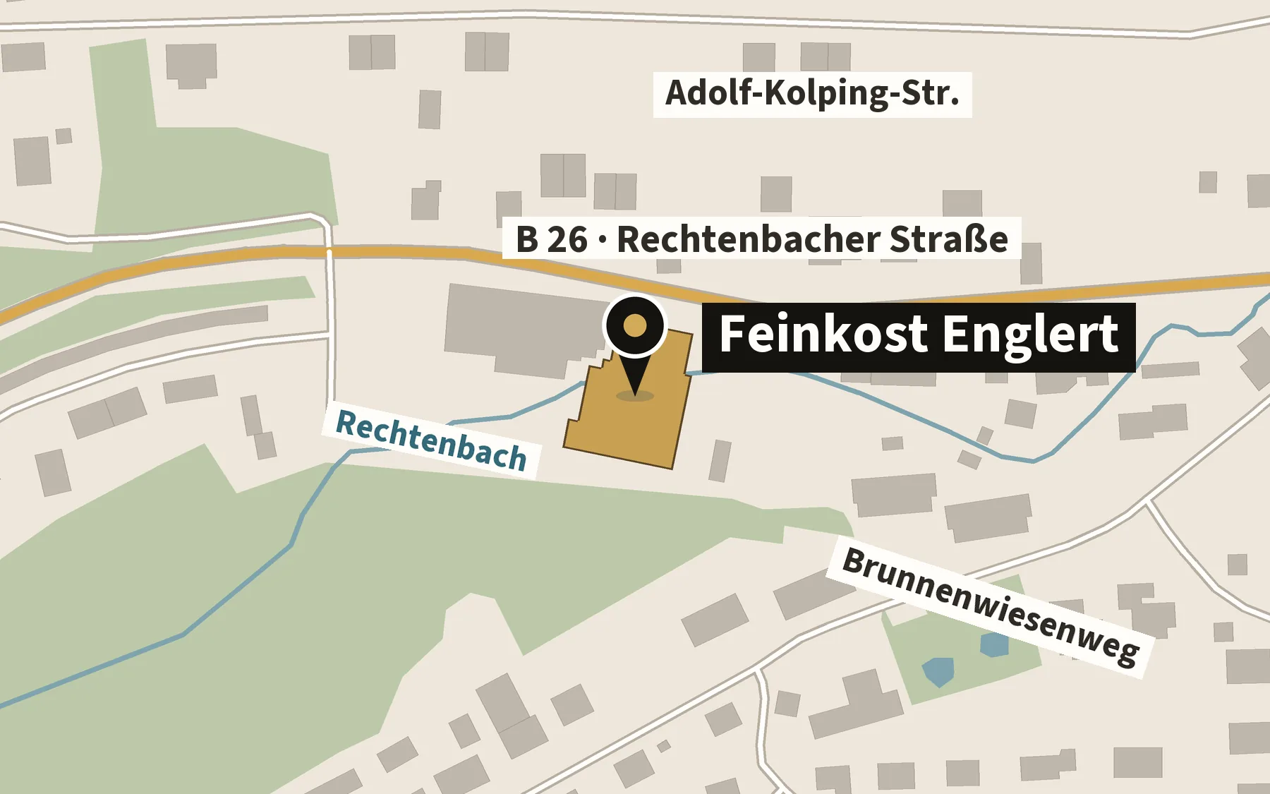 Kartenausschnitt mit markiertem Standort von Feinkost Englert an der Rechtenbacher Straße in Lohr am Main.