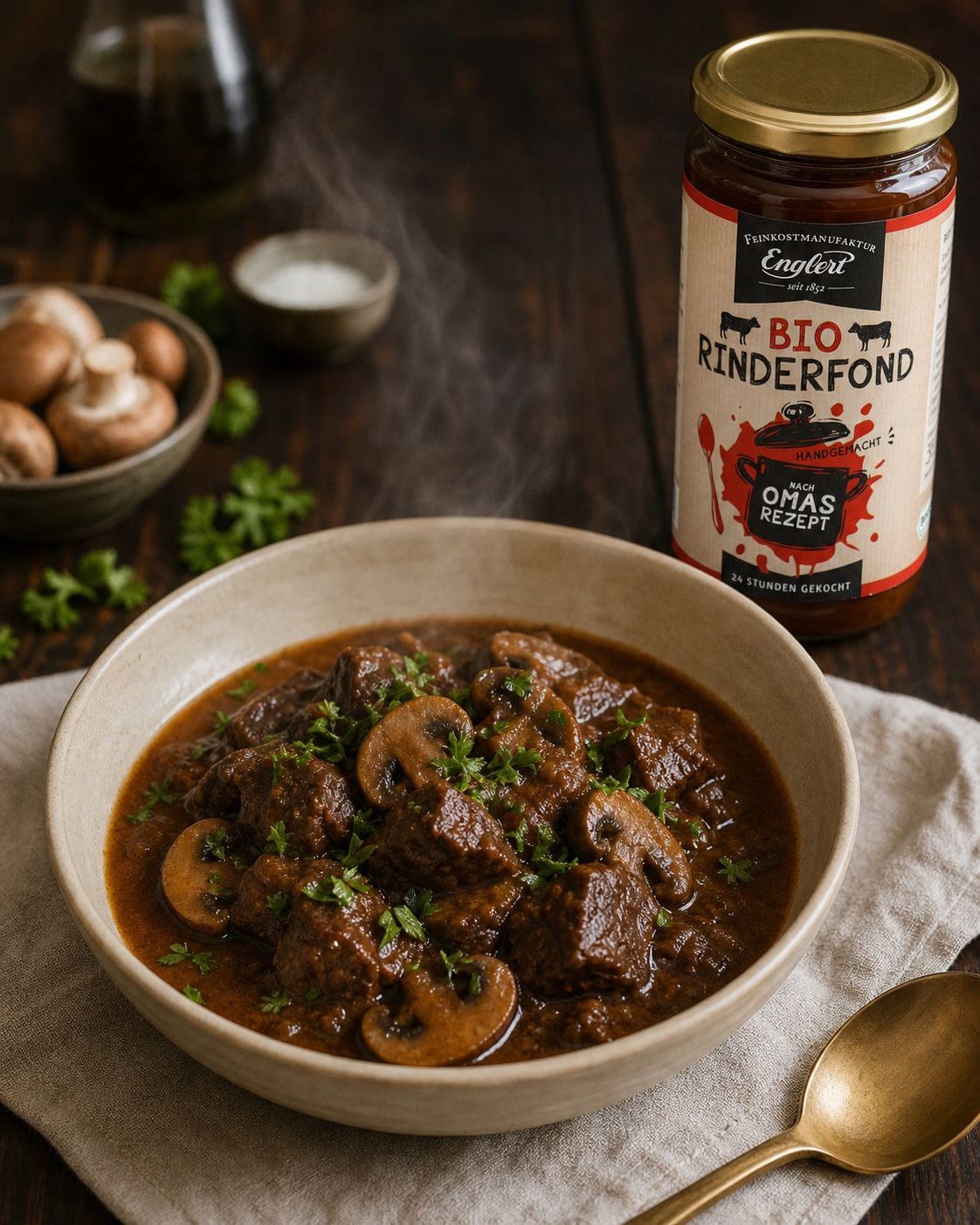 Boeuf Chasseur mit geschmortem Rindfleisch und Champignons neben einem Glas Englert Bio Rinderfond