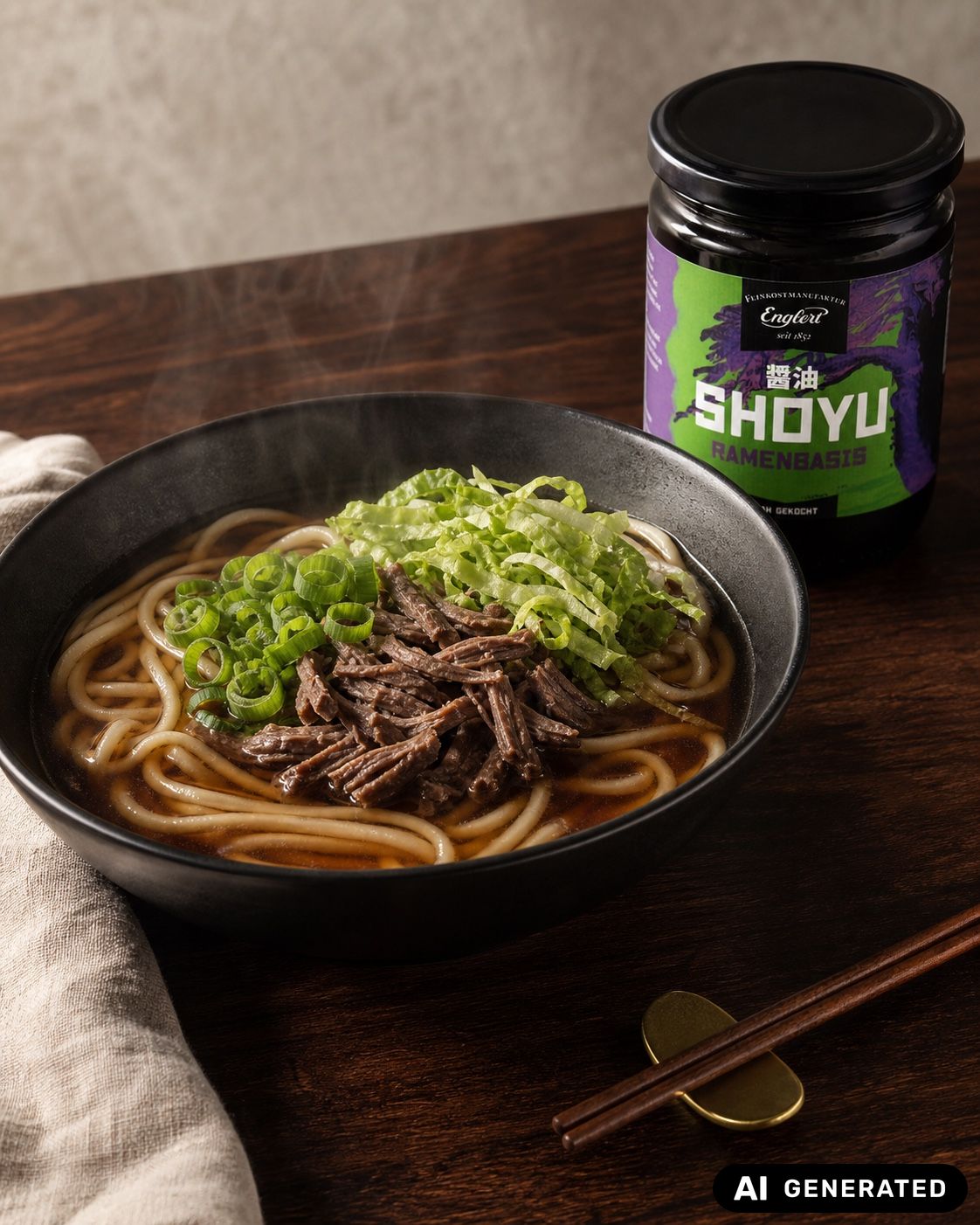 Schale mit Shoyu-Ramen, Udon-Nudeln, gezupftem Rindfleisch, Salat und Lauchzwiebeln neben Englert Shoyu Ramenbasis (Mit KI erzeugtes Bild)