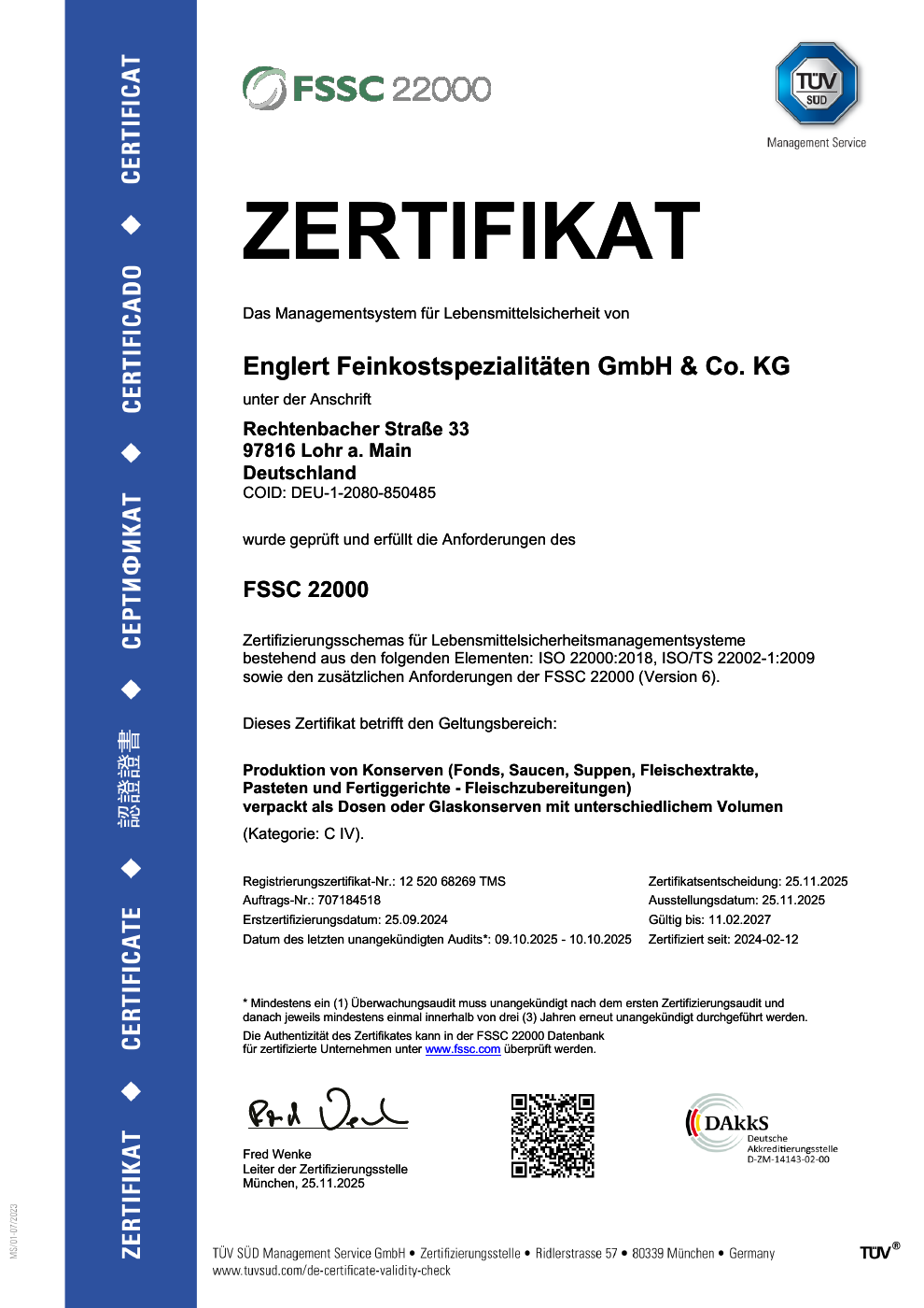 Vorschau des FSSC 22000 Zertifikats der Feinkostmanufaktur Englert